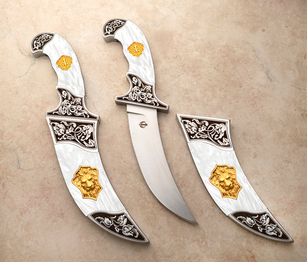 Noble Lion medium size kirpans in exquisite midnight blue or white pearl Kirinite (durable resin) Special Offer below!